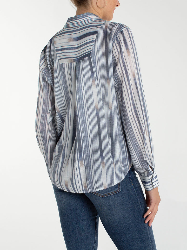 Long Sleeve Button Front Woven Shirt in White Chambray Stripe