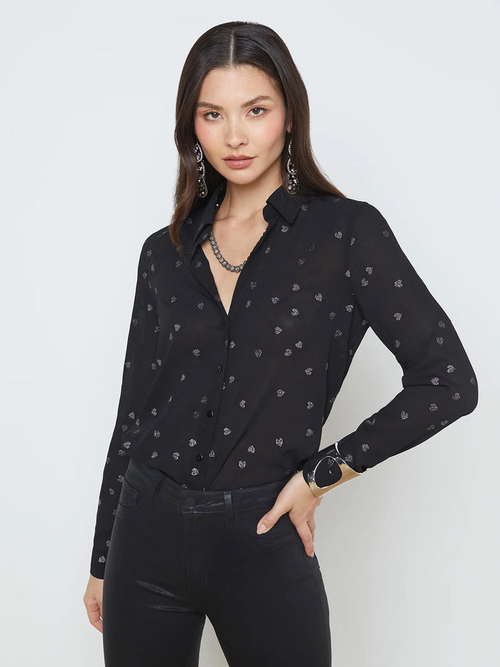 Laurent Shirt in Black and Gunmetal Scattered Heart Embroidery