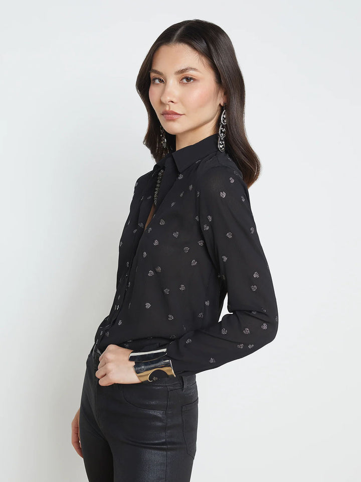 Laurent Shirt in Black and Gunmetal Scattered Heart Embroidery