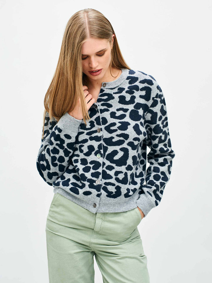 Merino Leopard Crew Cardigan in Mid Grey Navy