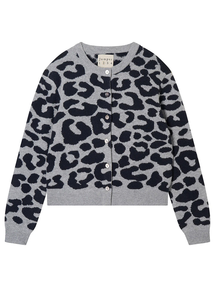 Merino Leopard Crew Cardigan in Mid Grey Navy