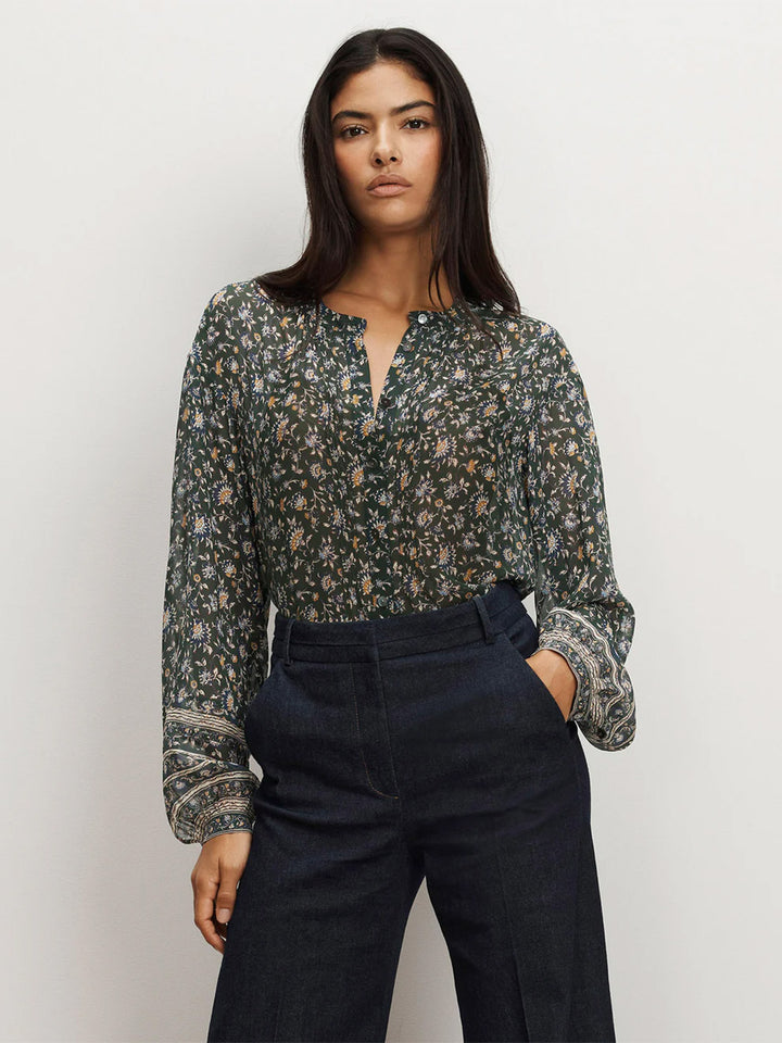 Lollie Floral Button-Down Blouse in Dark Hunter Green Multi