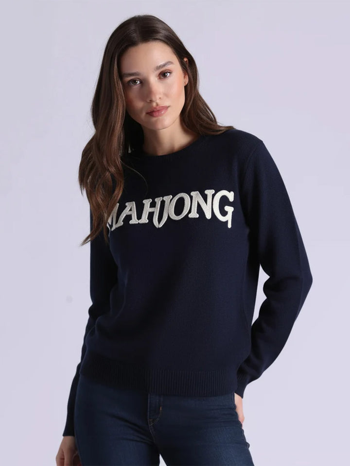 Mahjong Cotton Cashmere Embroidered Pullover in Navy