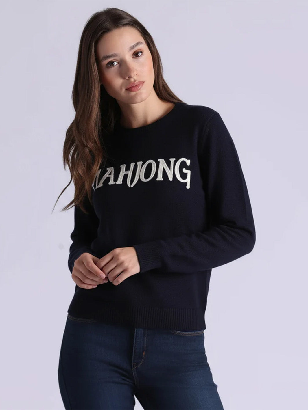 Mahjong Cotton Cashmere Embroidered Pullover in Navy