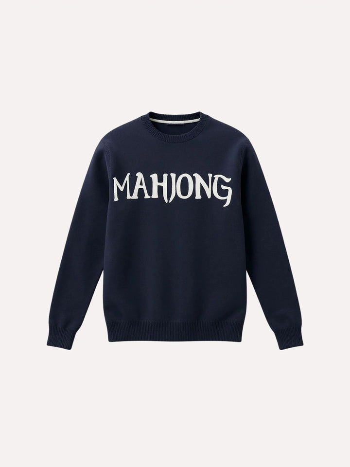 Mahjong Cotton Cashmere Embroidered Pullover in Navy
