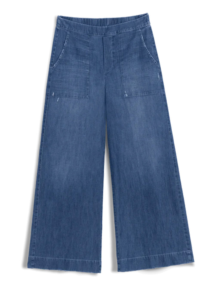 Madeline Patch Pocket Pull-On Pant in Distressed Indigo Washed Denim