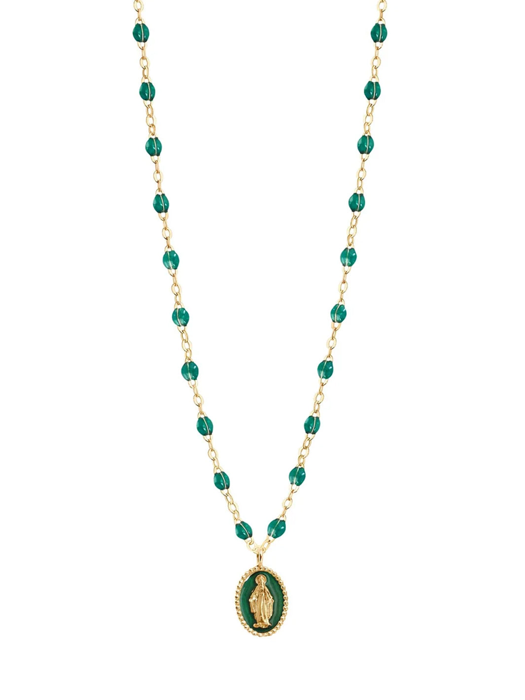 Madone resin charm Classic Gigi Emerald necklace in Yellow Gold, 16.5"