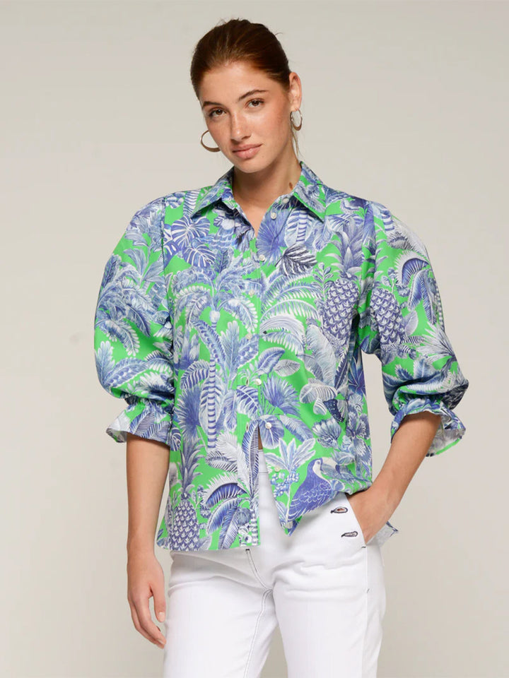 Manga Abullonada Balloon Sleeve Shirt in Green and Blue Tropical Print