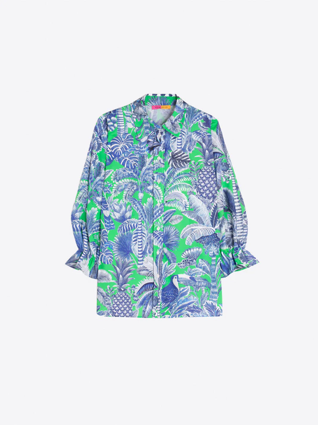 Manga Abullonada Balloon Sleeve Shirt in Green and Blue Tropical Print