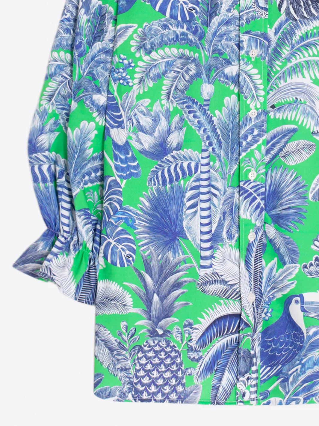 Manga Abullonada Balloon Sleeve Shirt in Green and Blue Tropical Print