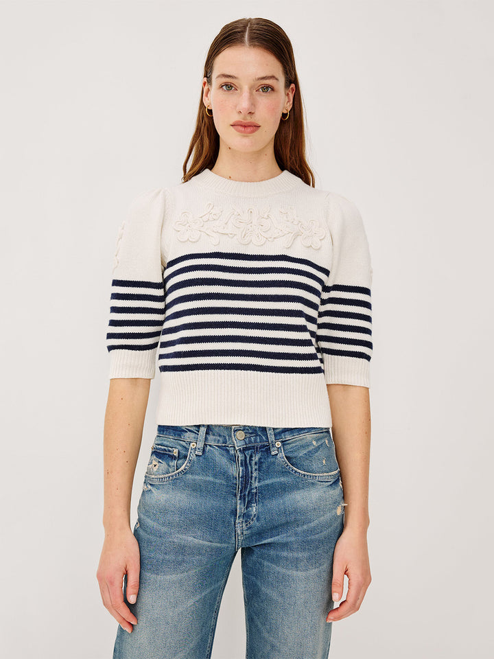 Martha Top in Ivory Navy Floral Stripe