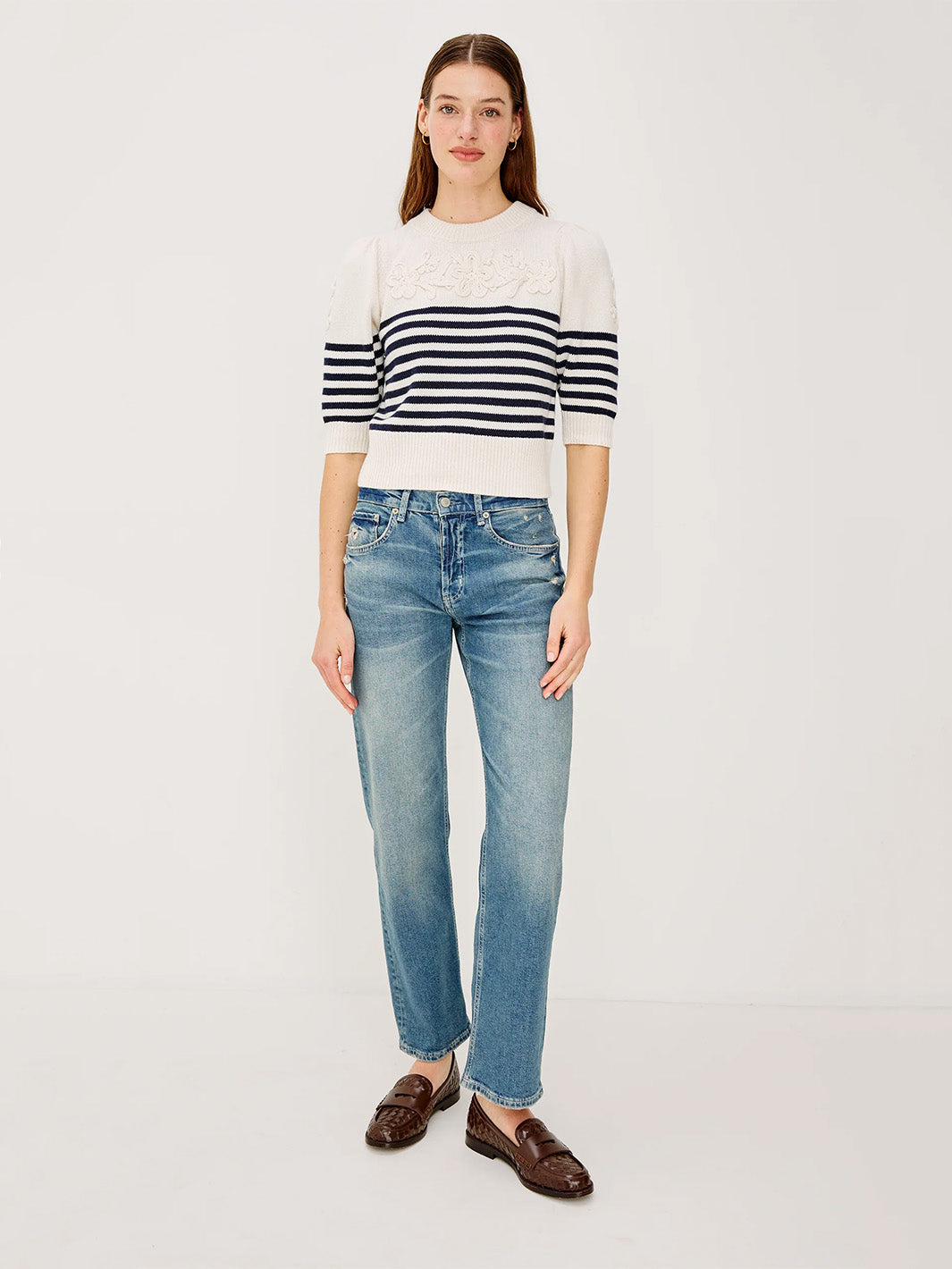 Martha Top in Ivory Navy Floral Stripe