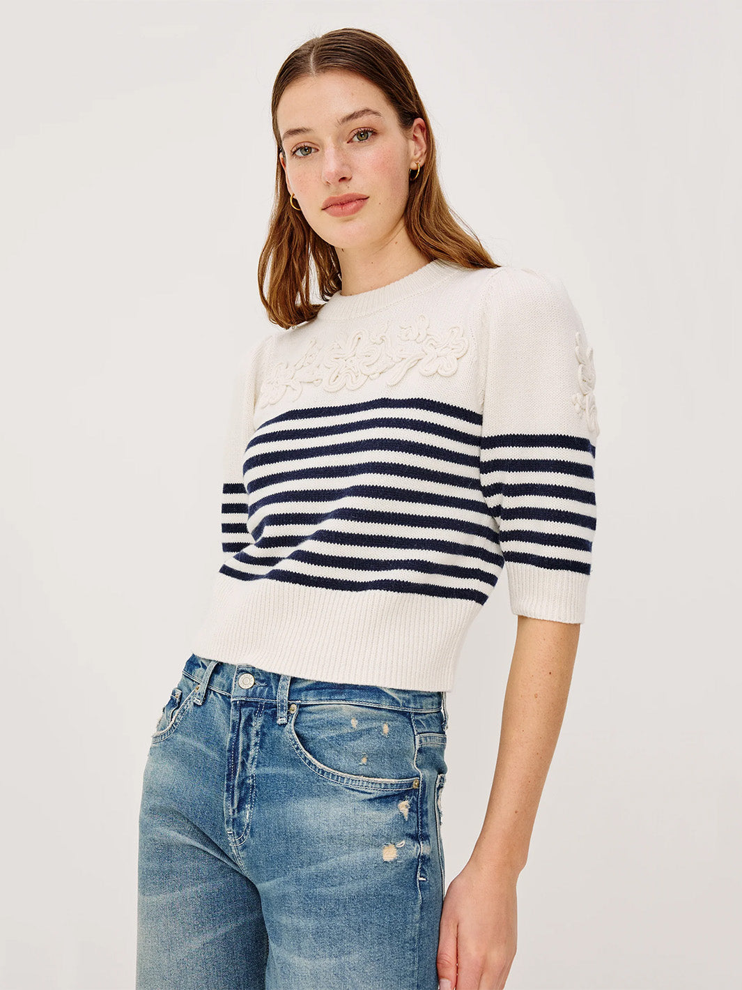 Martha Top in Ivory Navy Floral Stripe