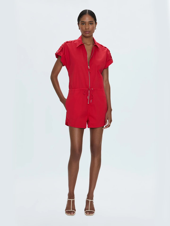 Meg Short Sleeve Zip Front Romper in Ruby