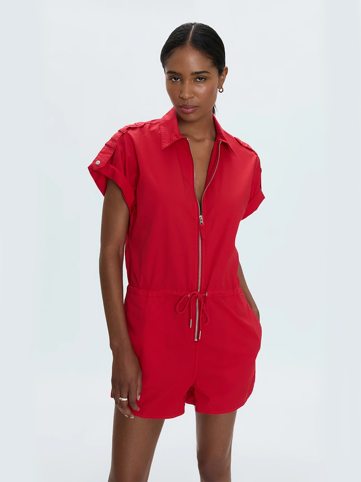 Meg Short Sleeve Zip Front Romper in Ruby