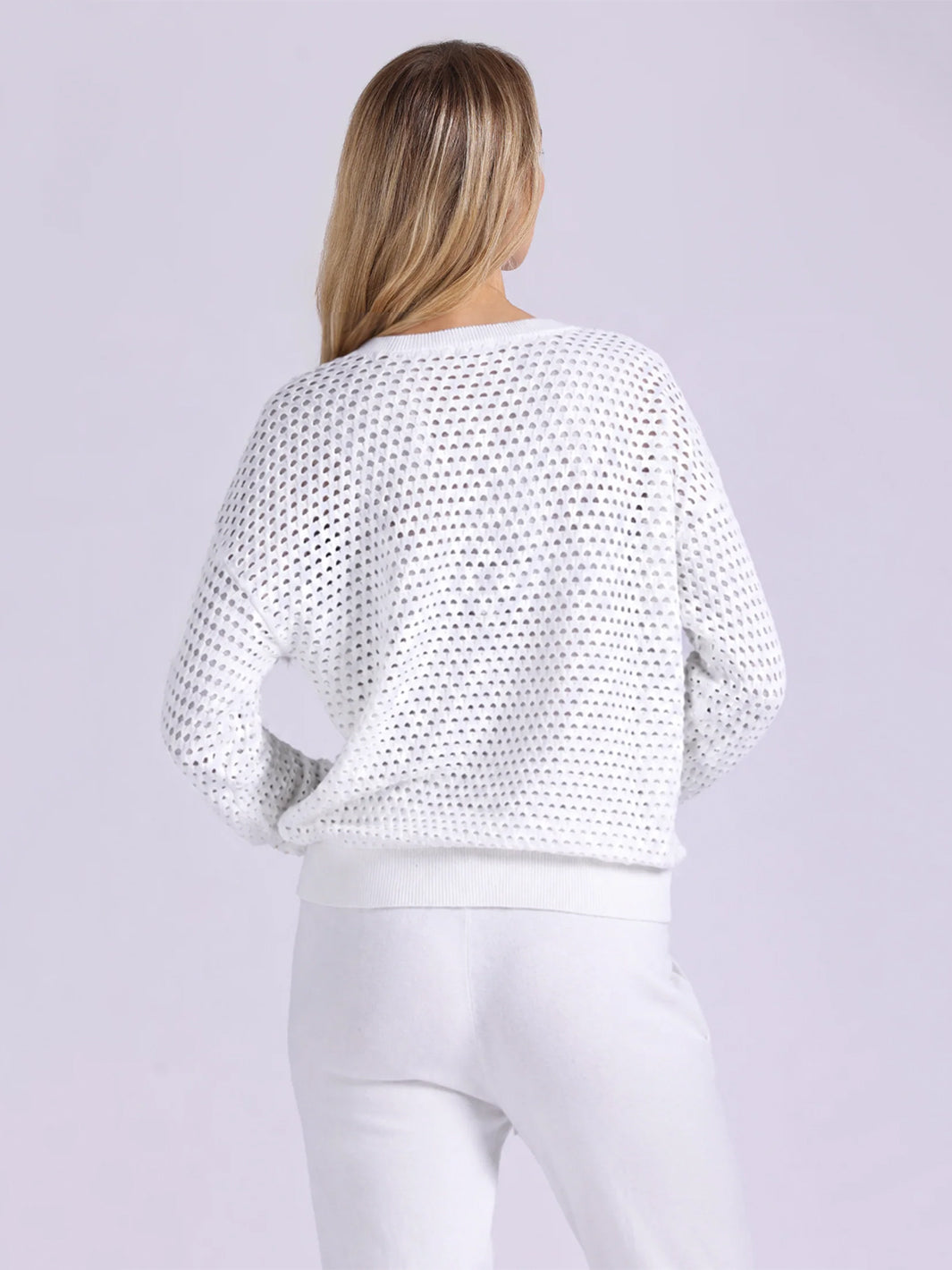 Solid Mesh Long Sleeve V Neck in Starch