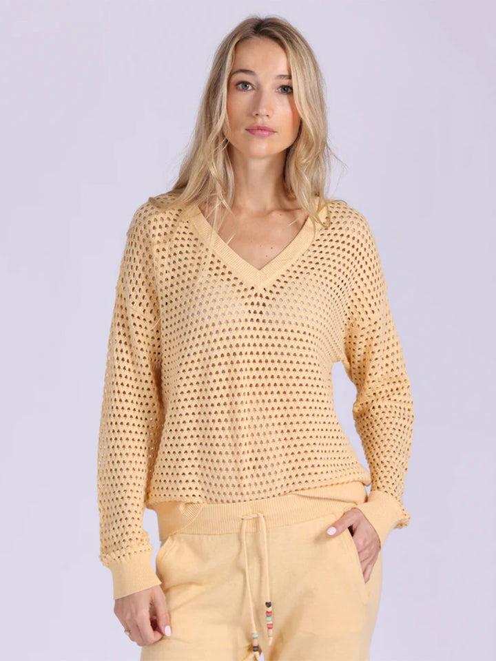 Solid Mesh Long Sleeve V Neck in Honey Biscuit