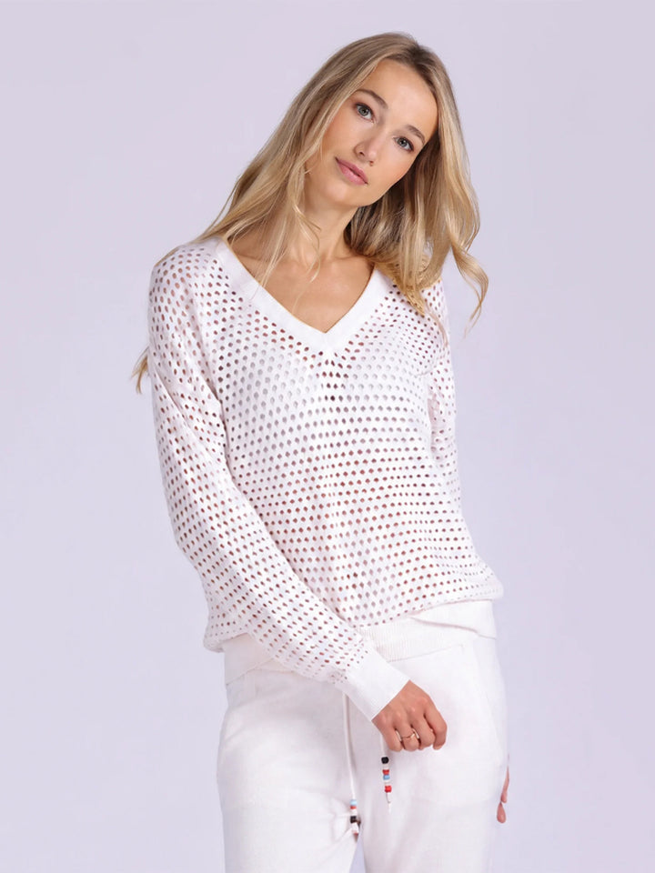Solid Mesh Long Sleeve V Neck in Starch