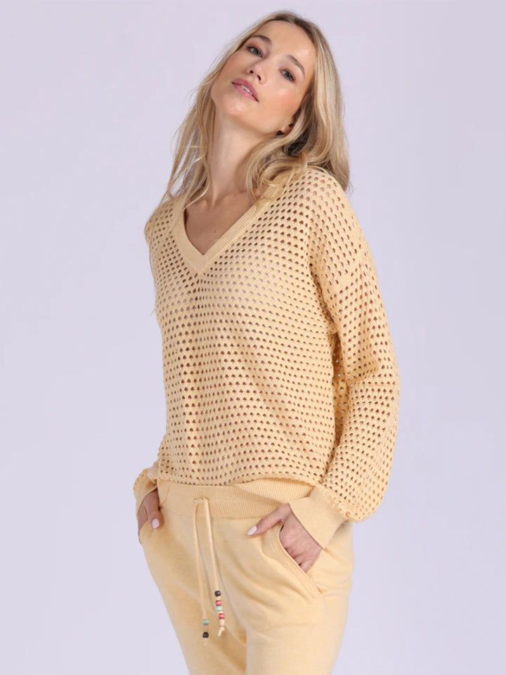 Solid Mesh Long Sleeve V Neck in Honey Biscuit