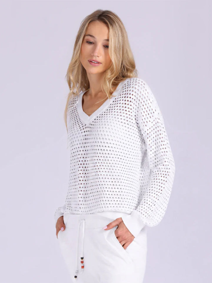 Solid Mesh Long Sleeve V Neck in Starch