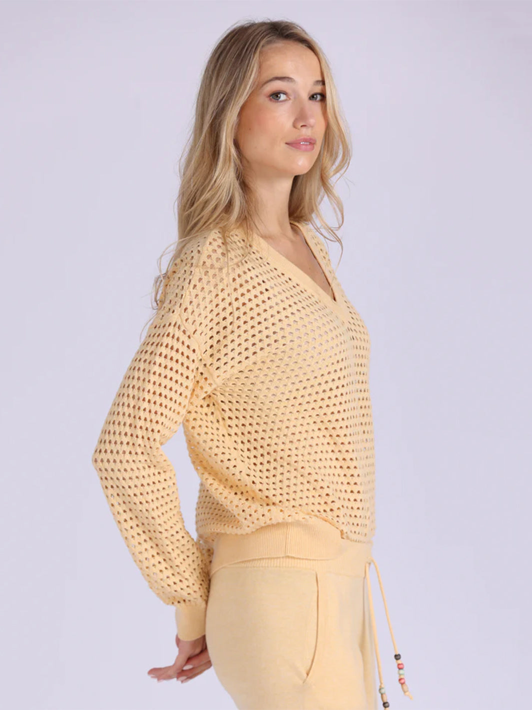 Solid Mesh Long Sleeve V Neck in Honey Biscuit
