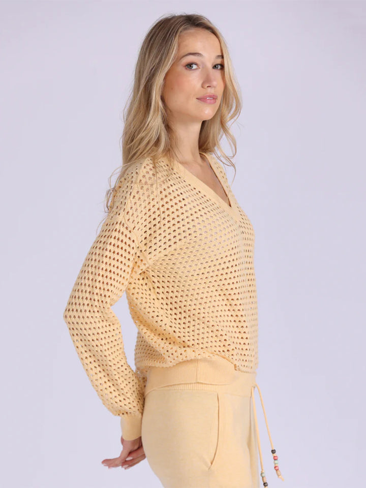 Solid Mesh Long Sleeve V Neck in Honey Biscuit