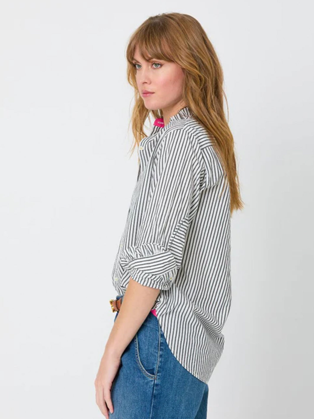 Mia Ruffle Shirt in Black Stripe