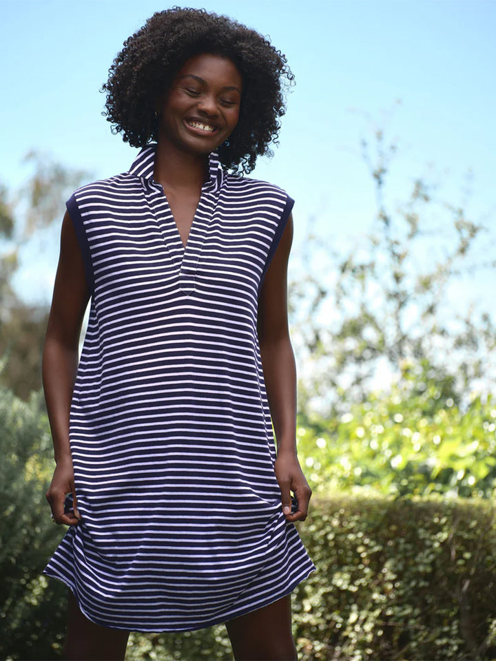 Mini Lily Popover Henley Tank Dress in Blue White Yacht Stripe