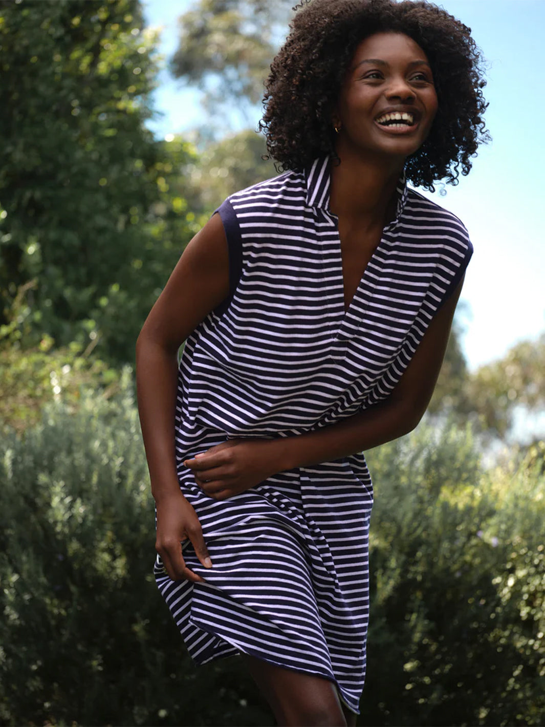 Mini Lily Popover Henley Tank Dress in Blue White Yacht Stripe