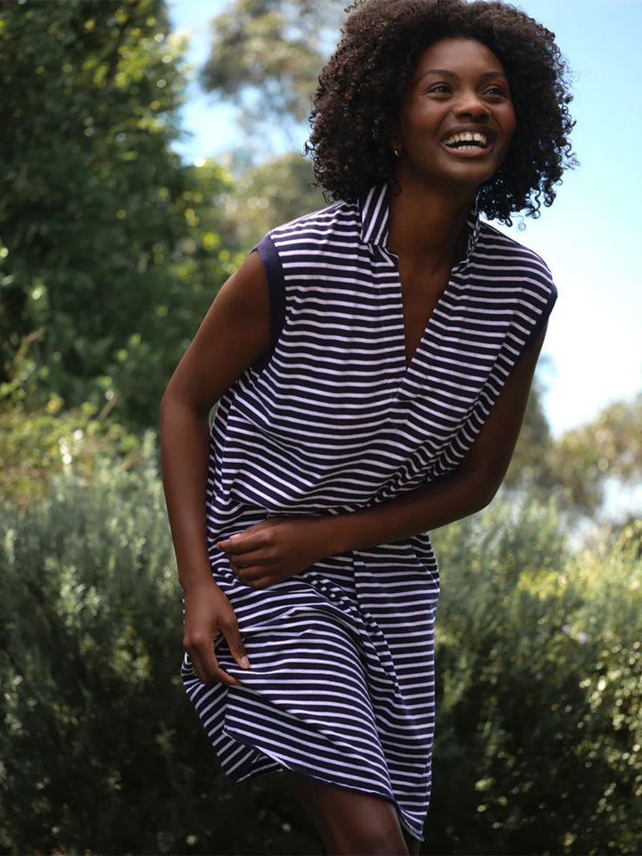 Mini Lily Popover Henley Tank Dress in Blue White Yacht Stripe