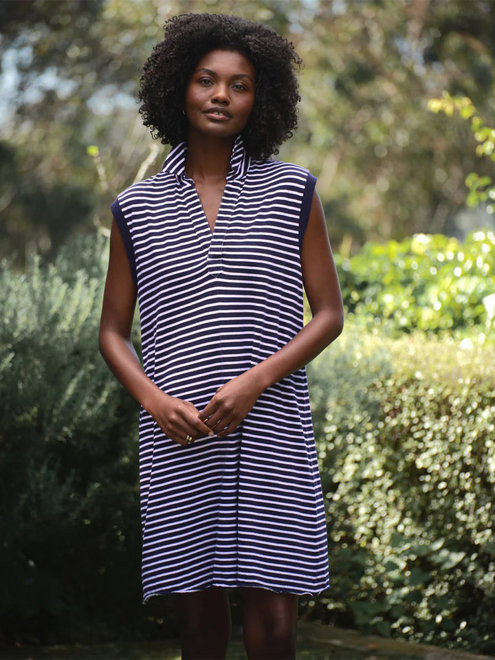 Mini Lily Popover Henley Tank Dress in Blue White Yacht Stripe