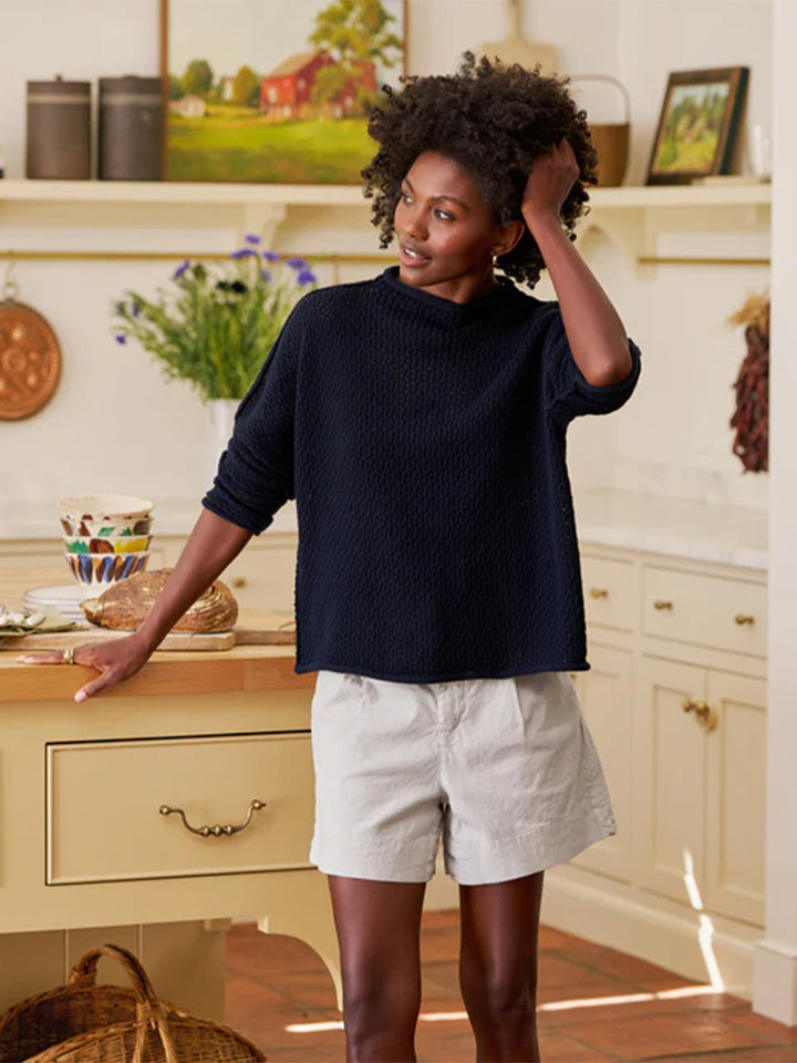 Monterey Pointelle Rolled Funnel Neck Sweater in Marine