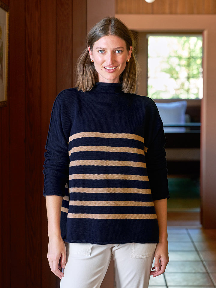 Monterey Sweater in Navy Camel Stripe