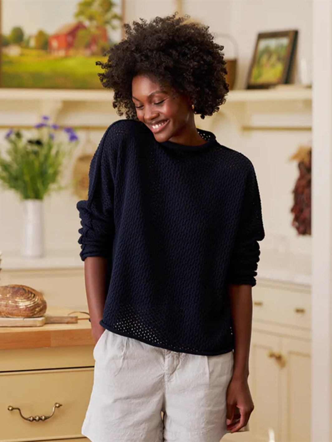 Monterey Pointelle Rolled Funnel Neck Sweater in Marine