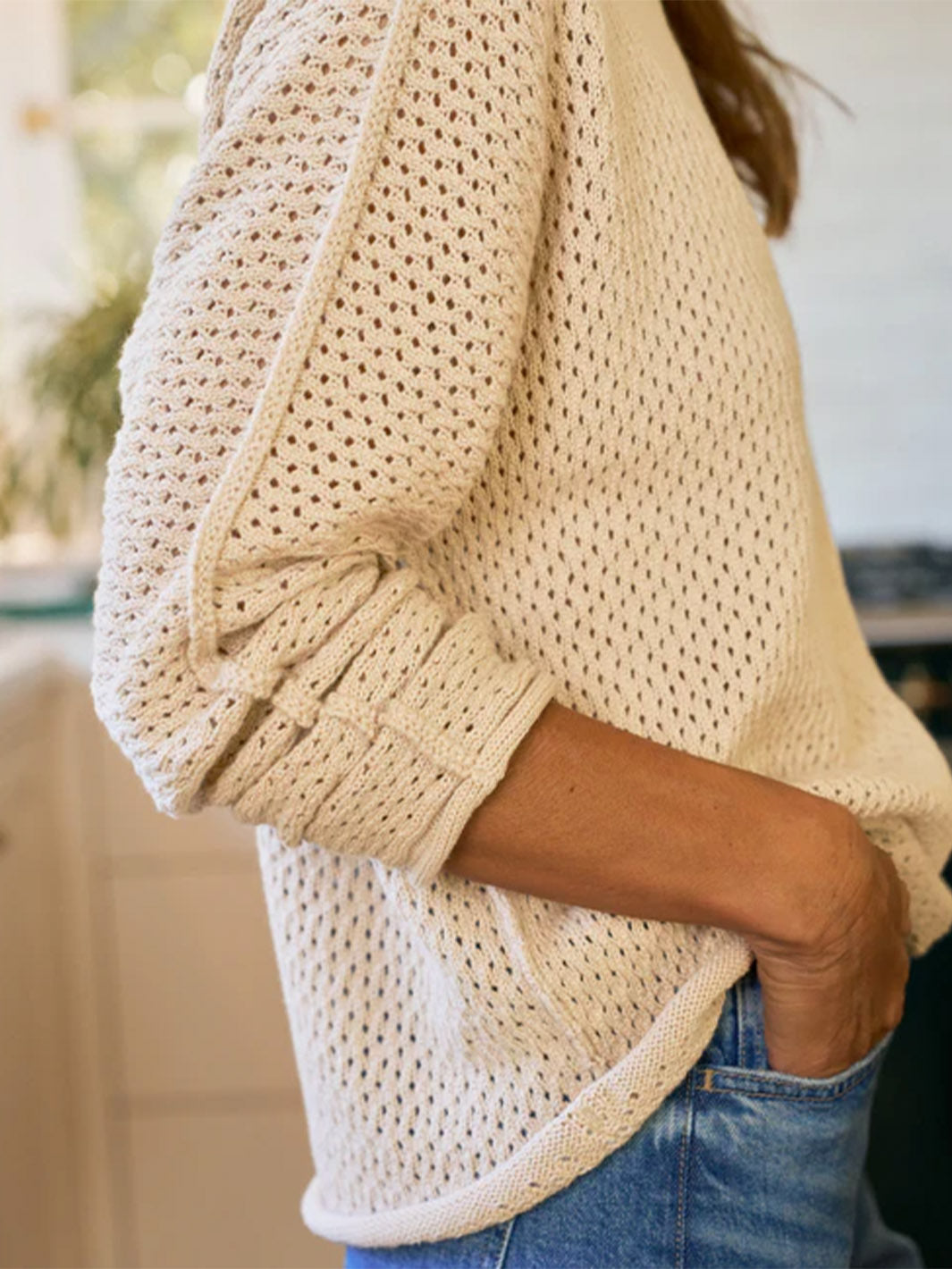 Monterey Pointelle Rolled Funnel Neck Sweater in Sand