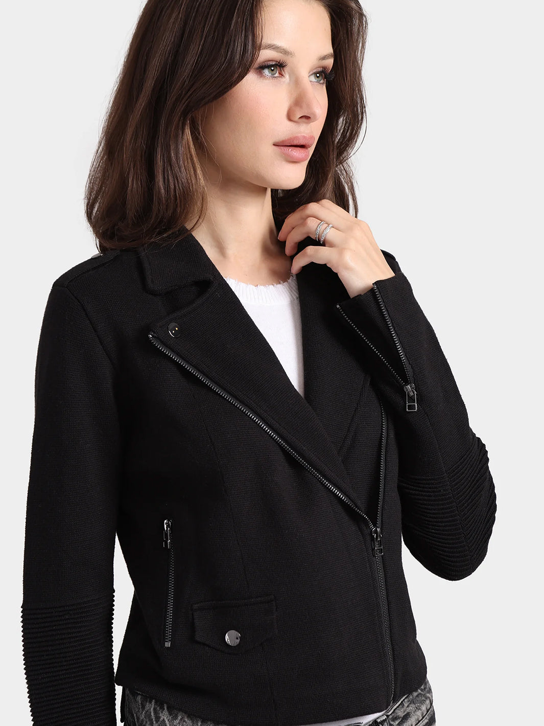 Cotton Blend Moto Jacket in Black