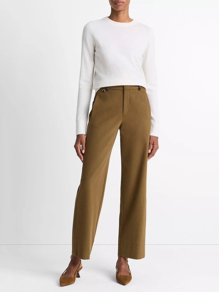 Mr Faux Leather Trim Italian Cotton Straight Leg Pant in Olive Grove
