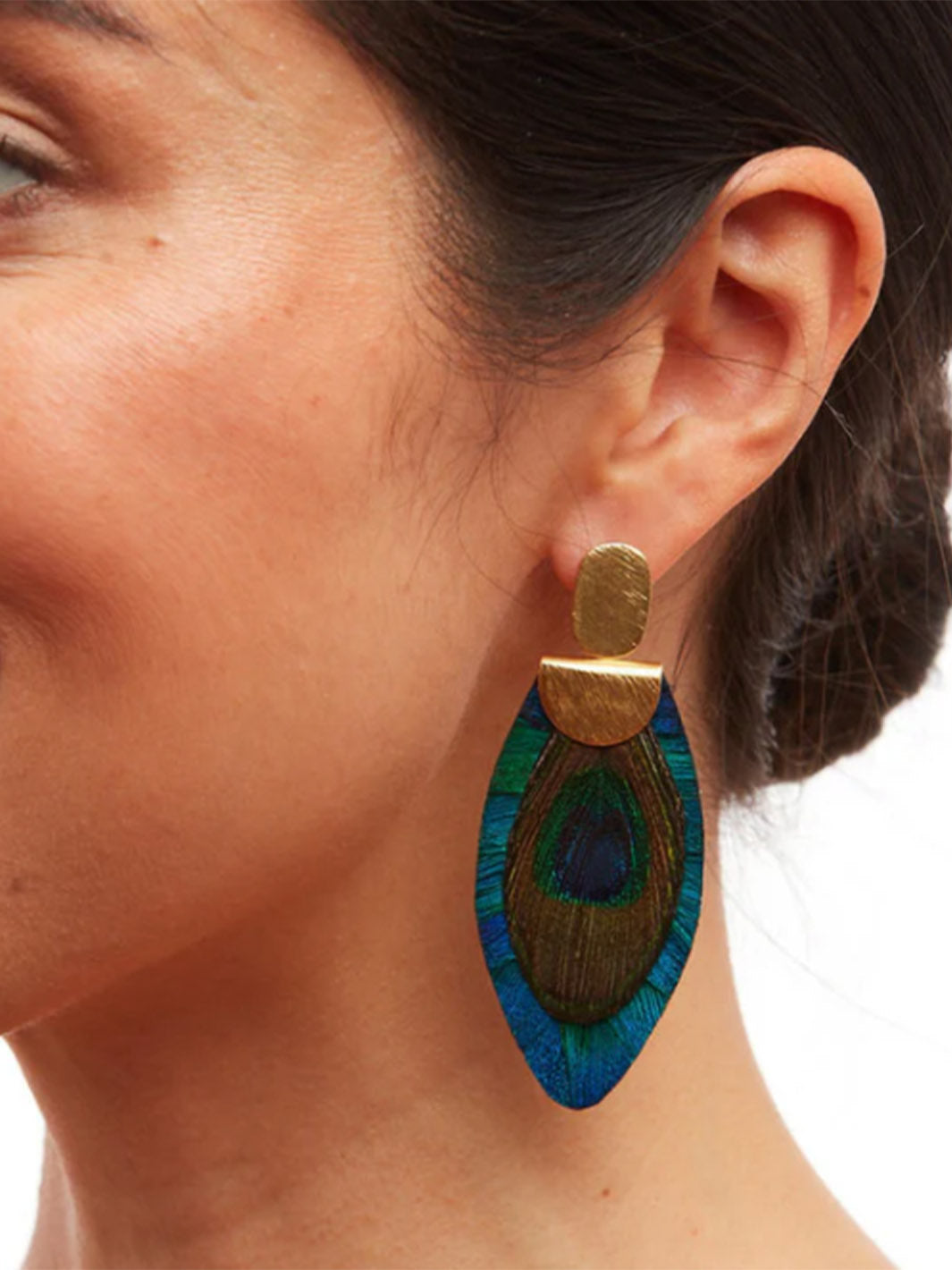 Nikko Blue Peacock Feather Drop Earrings in Gold
