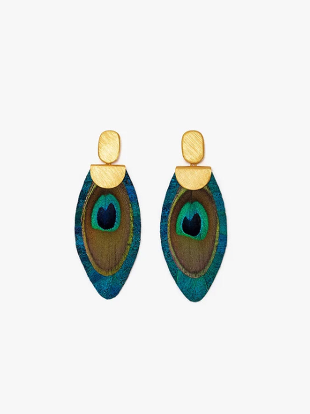 Nikko Blue Peacock Feather Drop Earrings in Gold