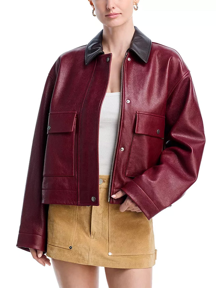 Nonie Lamb Leather Jacket in Burgundy
