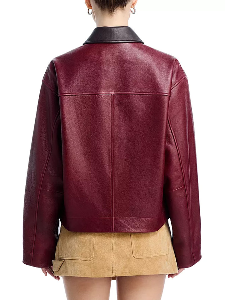 Nonie Lamb Leather Jacket in Burgundy