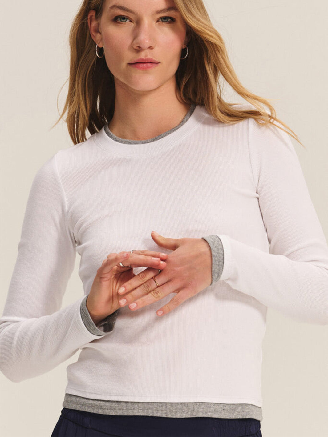 Navato Long Sleeve Tee in White/Heather Grey