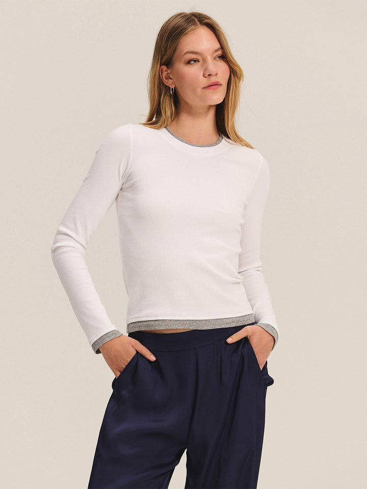 Navato Long Sleeve Tee in White/Heather Grey