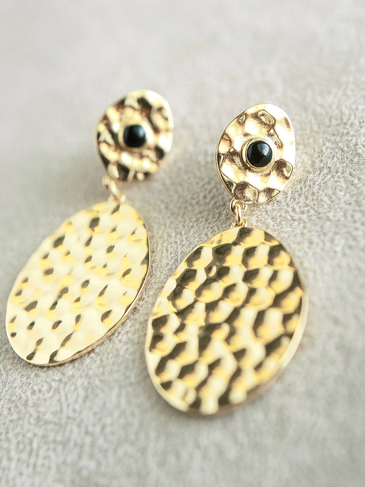 Hammered Gold Olympic Drop Earrings in Black Onyx