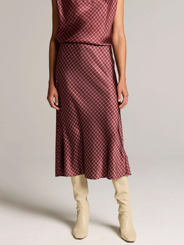 Ombré Plaid Lingerie-Trim Satin Slip Skirt  in Black Rose/Oak Bluff
