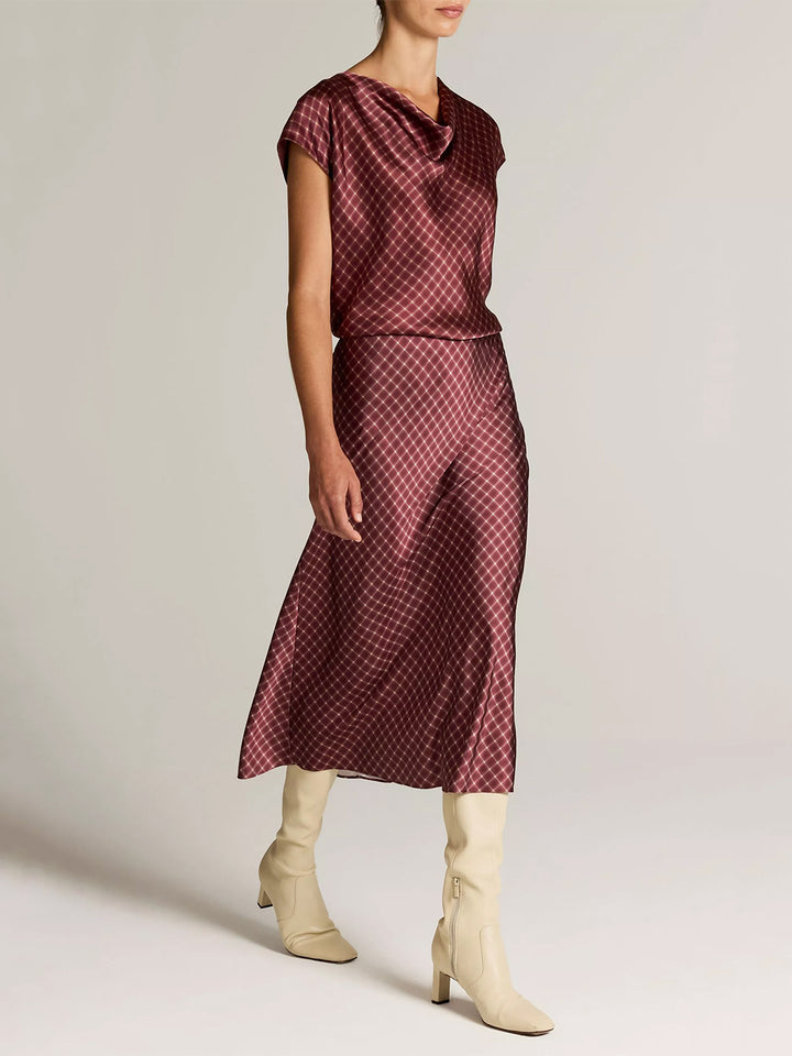 Ombré Plaid Lingerie-Trim Satin Slip Skirt  in Black Rose/Oak Bluff