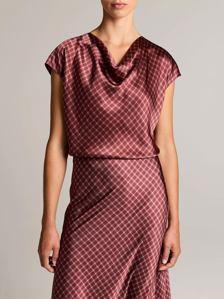 Ombré Plaid Silk Satin Cowl-Neck Blouse  in Black Rose/Oak Bluff