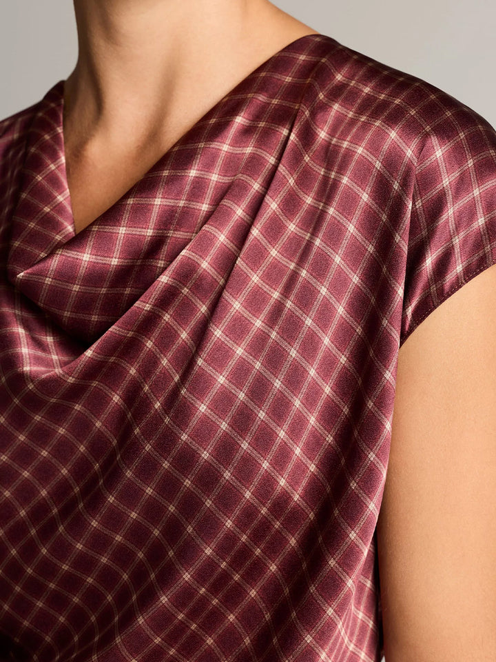 Ombré Plaid Silk Satin Cowl-Neck Blouse  in Black Rose/Oak Bluff