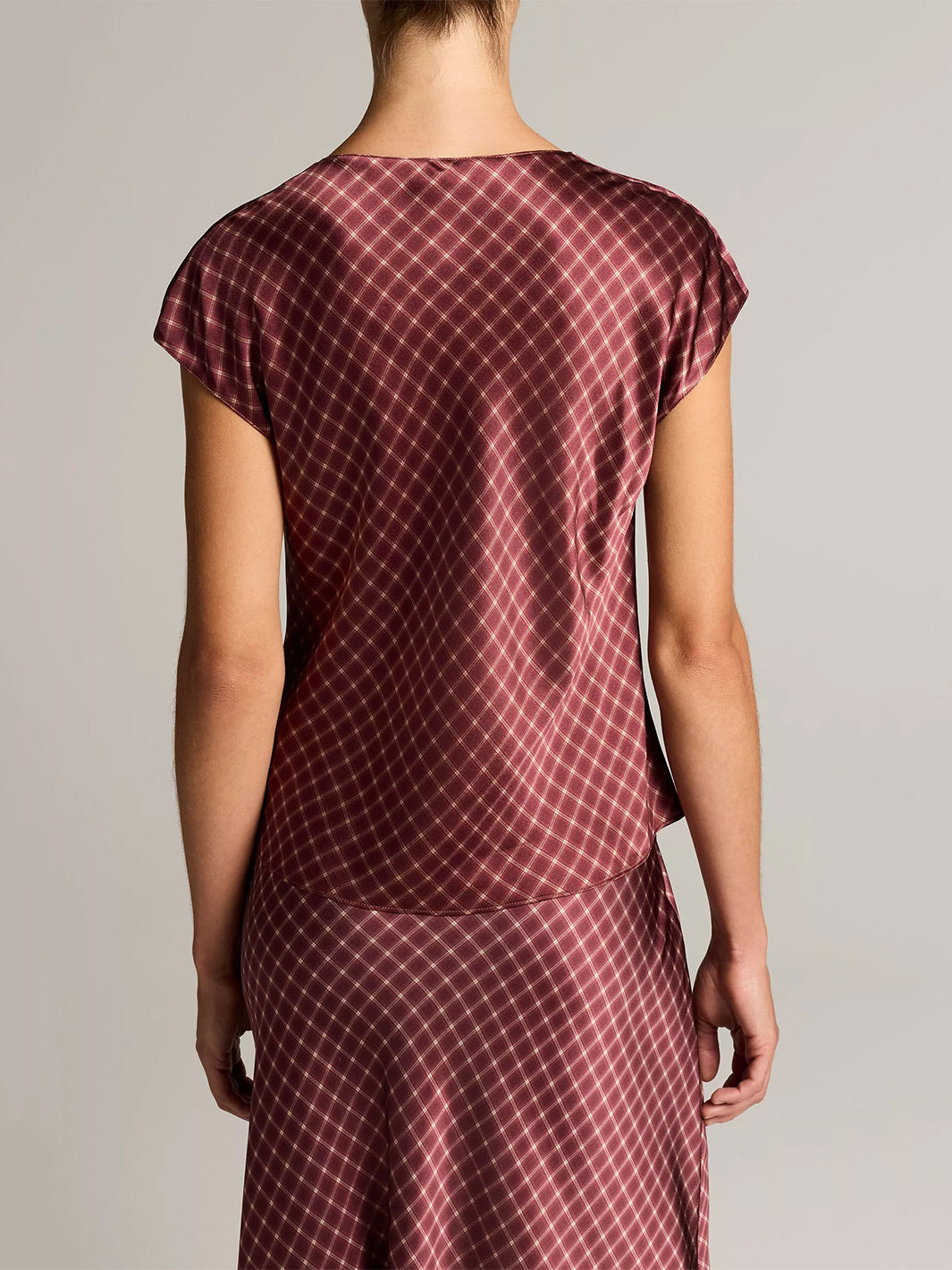 Ombré Plaid Silk Satin Cowl-Neck Blouse  in Black Rose/Oak Bluff