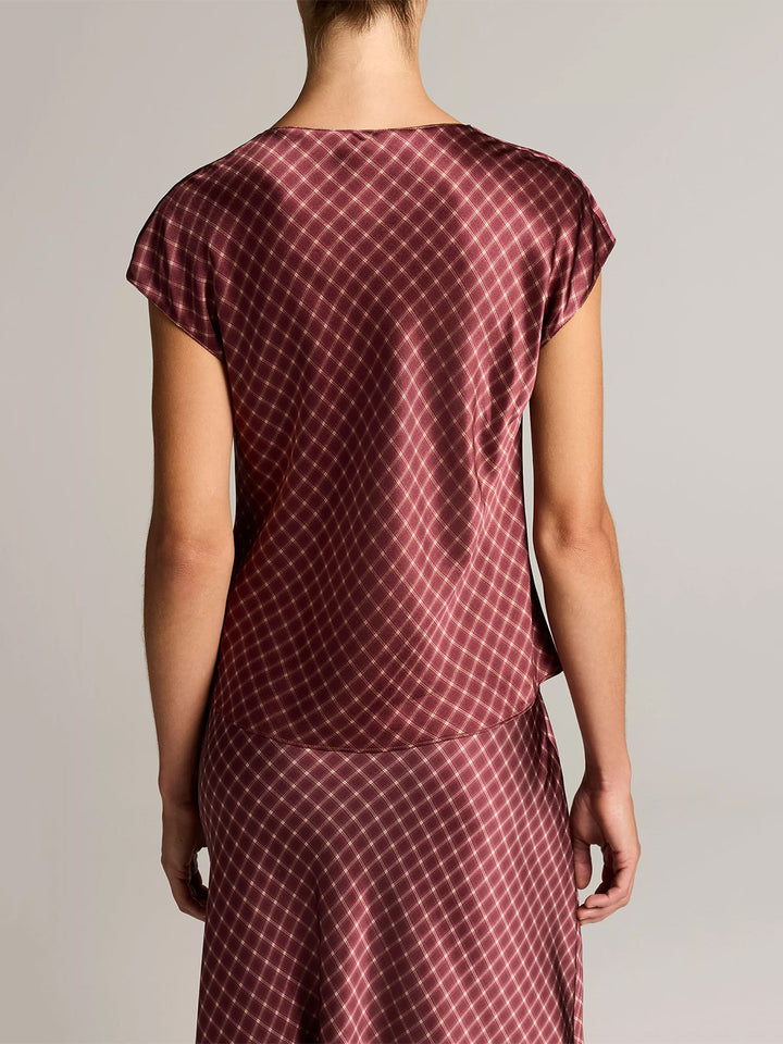 Ombré Plaid Silk Satin Cowl-Neck Blouse  in Black Rose/Oak Bluff